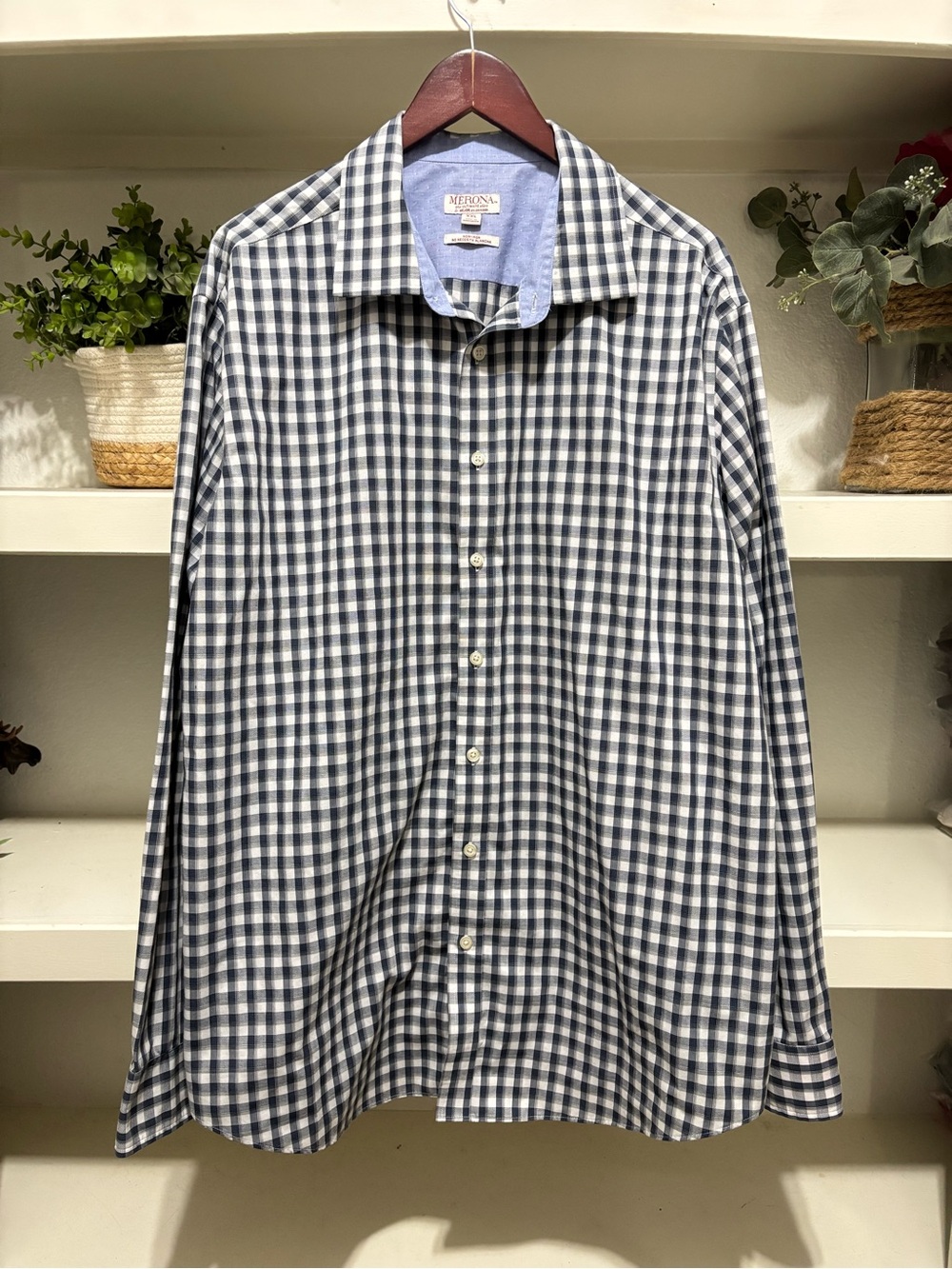 Merona Navy and White Gingham Button-Up Dress Shirt